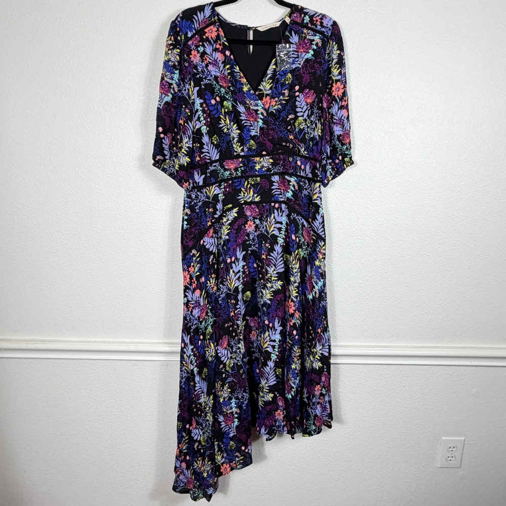 Soft Surroundings Floral Asymmetrical Faux Wrap Dress Black Purple Womens Size 8